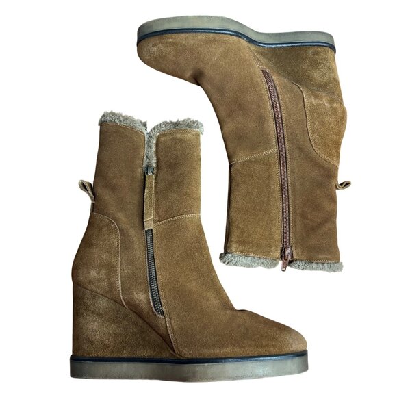 Cafe Noir Suede‎ Cabin Couture Wedge Boots Tan Faux Fur Trim NEW - Picture 1 of 11